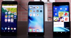 A comparison of the  speed of the iPhone 6s Plus, Lumia 950 XL and  Nexus 6P 