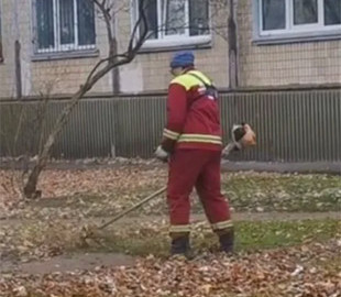 В Киеве заметили коммунальщика, который косил опавшие листья
