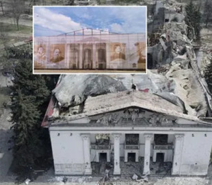 В Маріуполі окупанти обгородили Драмтеатр будівельними конструкціями з портретами Шевченка і Гоголя. Фото