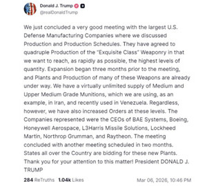 Трамп наказав учетверо збільшити виробництво найсучаснішого озброєння США