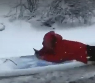 В Одессе устроили забавный заплыв по снегу: видео с серфингистом